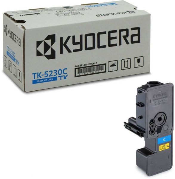 Frontalansicht des Kyocera TK-5230C Toners in cyan mit Karton