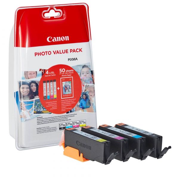 Canon CLI-571 XL / 0332C005 Tinten Multipack CMYK (4er Set) + 50 Blatt Fotopapier
