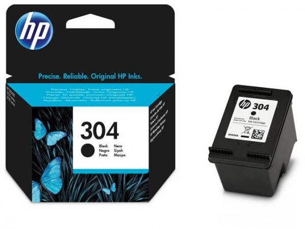 Schrägansicht der schwarzen HP 304 Druckerpatrone mit Verpackungskarton
