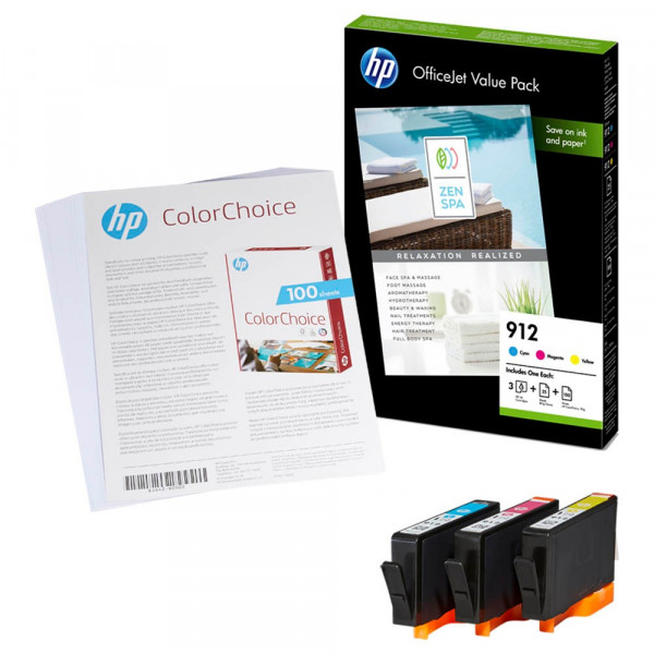HP 912 / 6JR41AE Tinten Multipack CMY (3er Set) + 25 Blatt HP Professional Inkjet & 100 Blatt HP ColorChoice Papier