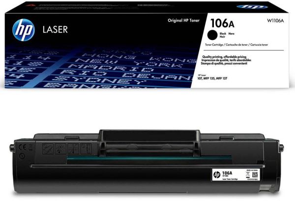 Frontalansicht inklusive Verpackung des HP W1106A / 106A Toners in Schwarz